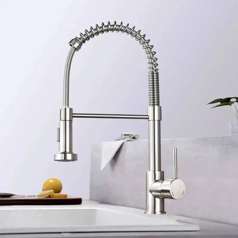 

Spring Brushed Nickel Faucet Deck Mounted Mixer Tap 360 Degree Rotation Stream Sprayer Nozzle Kitchen Sink Hot Cold Taps