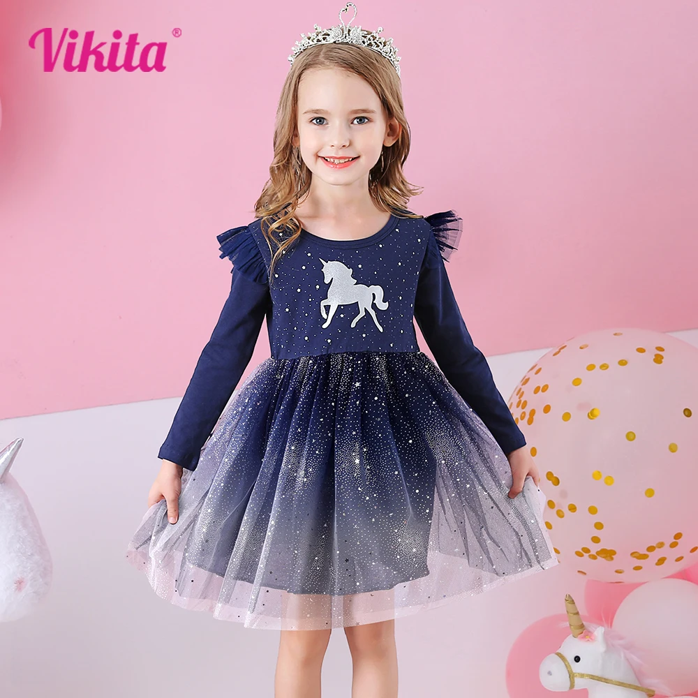 VIKITA Kids Unicorn Dresses for Girls Birthday Party Prom Gown Princess Dress Kids Long Sleeve Spring Autumn Dress Girl Clothes