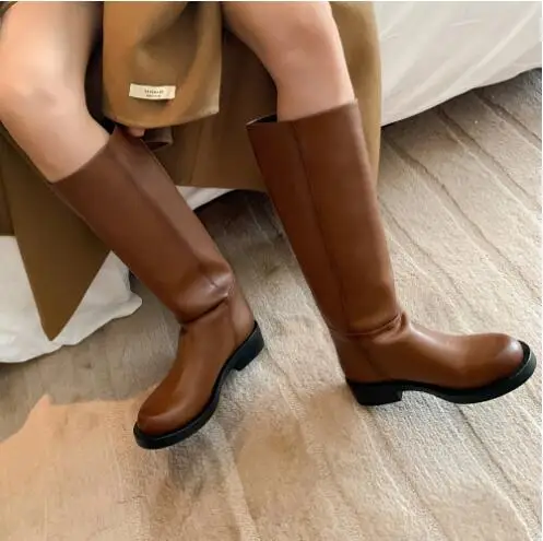 Autumn Women Black Brown Smooth Genuine Leather Round Toe Big Calf 35 mm Thick Sole Tube Slip On Knee High Knight Boots Shoes