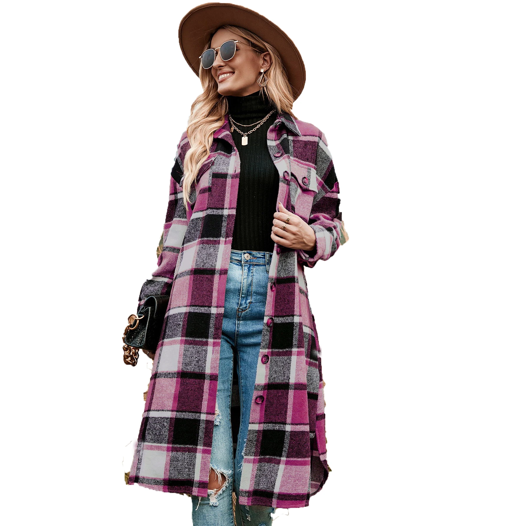 

Autumn Winter Thickened Collar Long Sleeve Shirt Coat Women's Plaid Street Style Casual Fashion Outerwear Coat