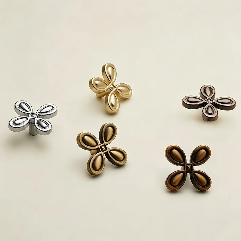 Vintage Brass Clover Cabinet Pull Handle, Antique Bronze 4-Leaf Clover Drawer Knob for Wardrobe Cupboard