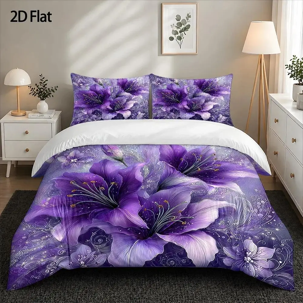 3-Piece Quilt Cover Set, 1 Quilt Cover + 2 Pillowcases (Without Filling) 2D Flat Priting, Purple Lily Flower Theme, Romantic Style, Valentine's Day, Suitable for All Seasons, Machine Washable, Invisible Zipper, Three-Piece Quilt Cover Set, Three-Piece Bedding Set, Large Quilt Cover Set, Bedding Set, Suitable for Home, Dormitory, Master Bedroom, Guest Room
