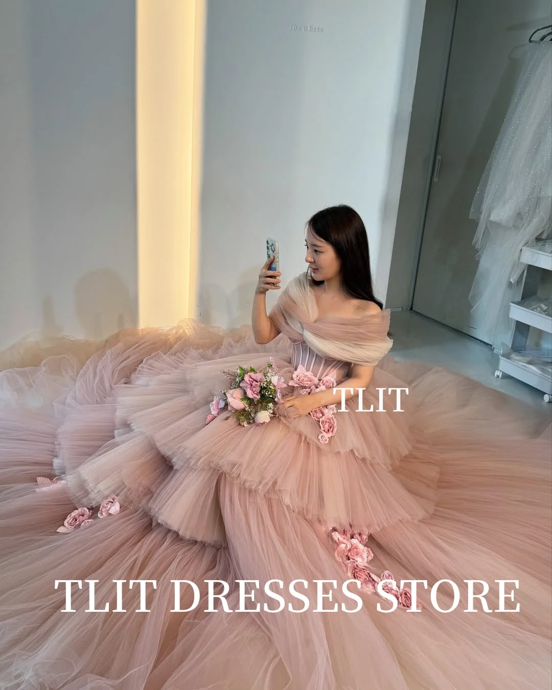 TLIT luxurious Pink Tulle Tiered Evening Dress Korea Wedding Dress Photo Shoot Criss-Cross Sweetheart Prom Gowns Customized