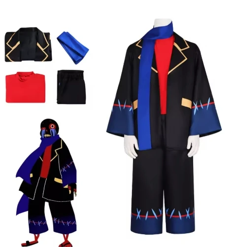 

Anime Undertale Error Sans Cosplay Costume for Adult Black Uniform Jacket Pants with Royal Blue Scarft Halloween Black Suit