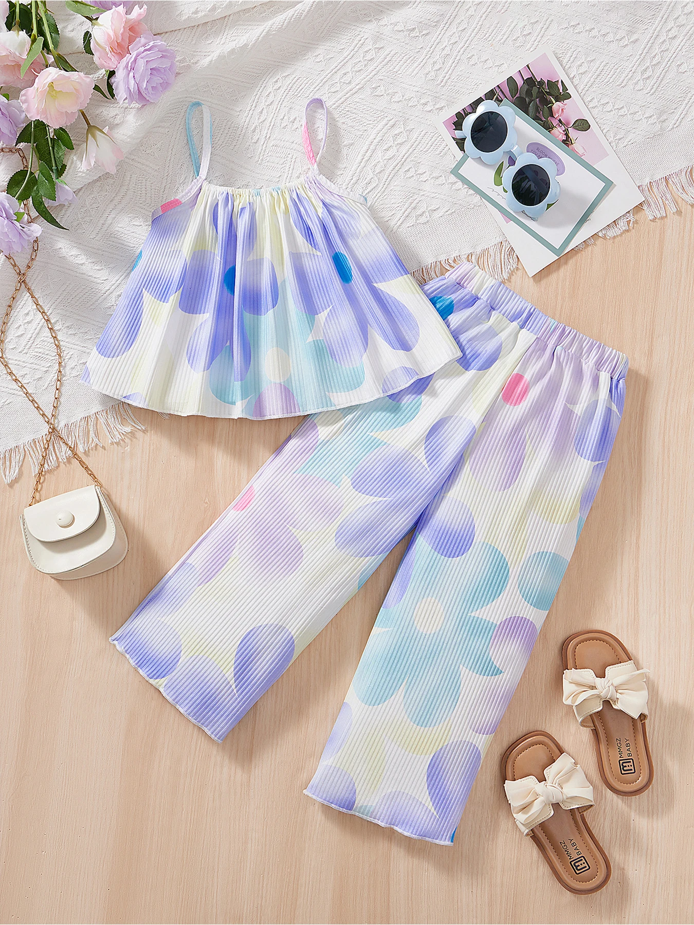Girls 2 Piece Pastel Floral Outfit Spaghetti Strap Cami Top & Wide Leg Pants Kids Summer Vacation Beach Wear