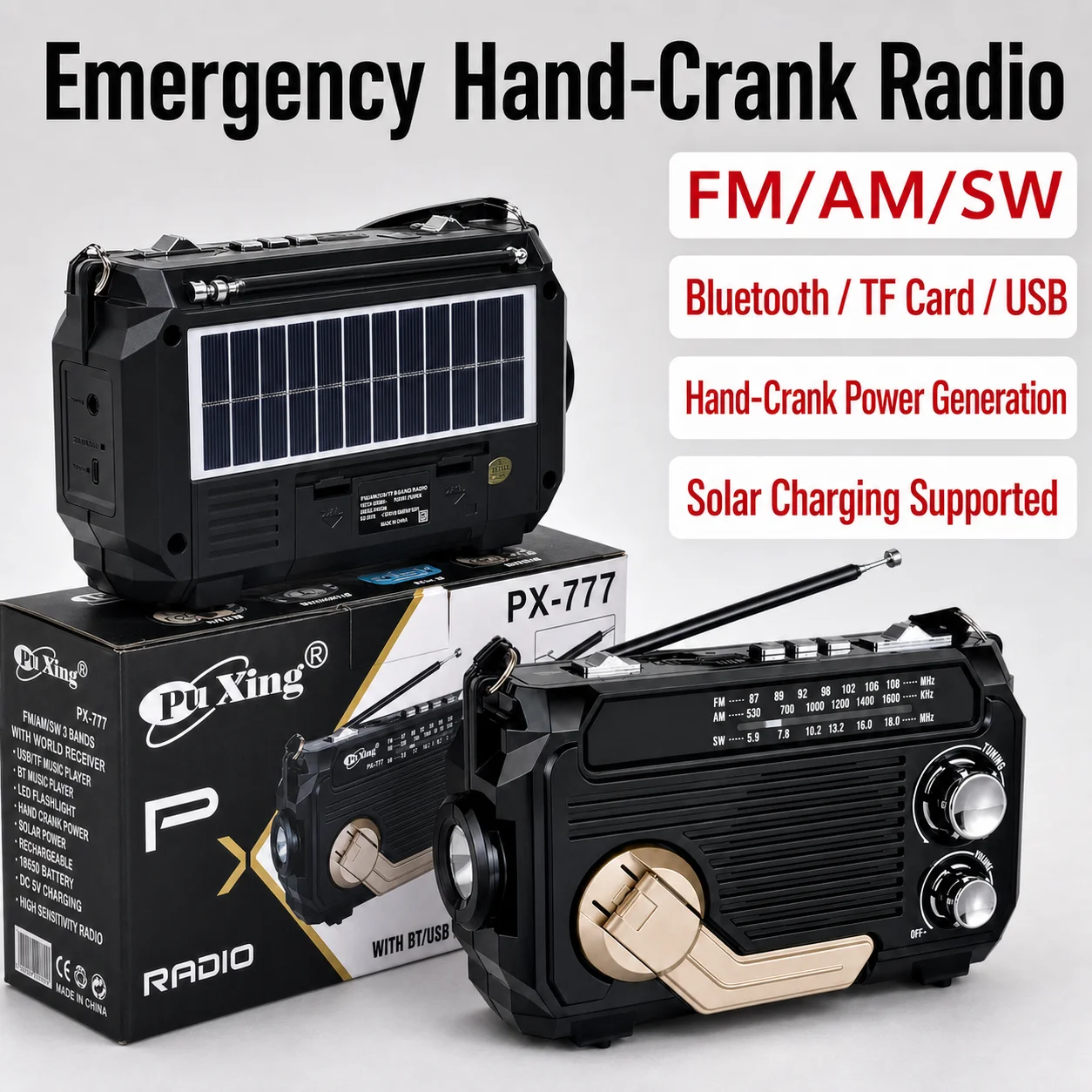 Image of PU XING PX-777 Solar-Radio AM FM Tragbares Batteriebetriebenes Radio Schwarz Outdoor Notfall-Solarladegerät Empfänger