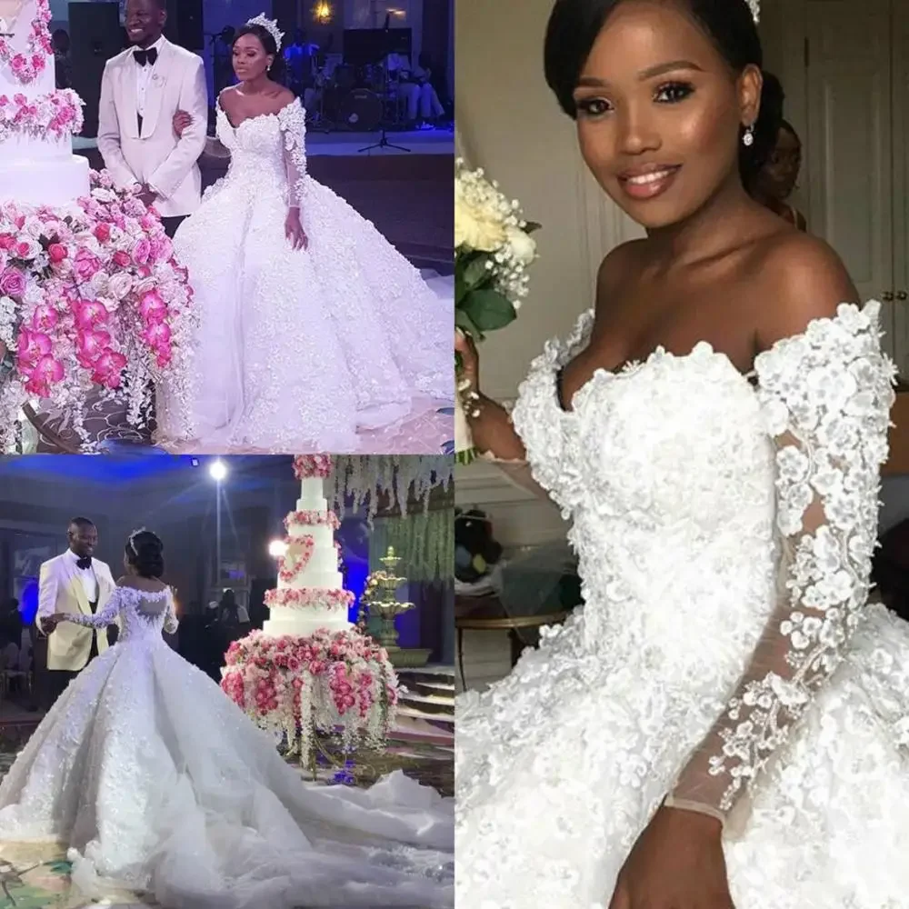 

Customized African 3D Floral Plus Size Wedding Full Sleeves Illusion Back Chapel Train Vestido De Noiva Ball Gown Bridal Dress