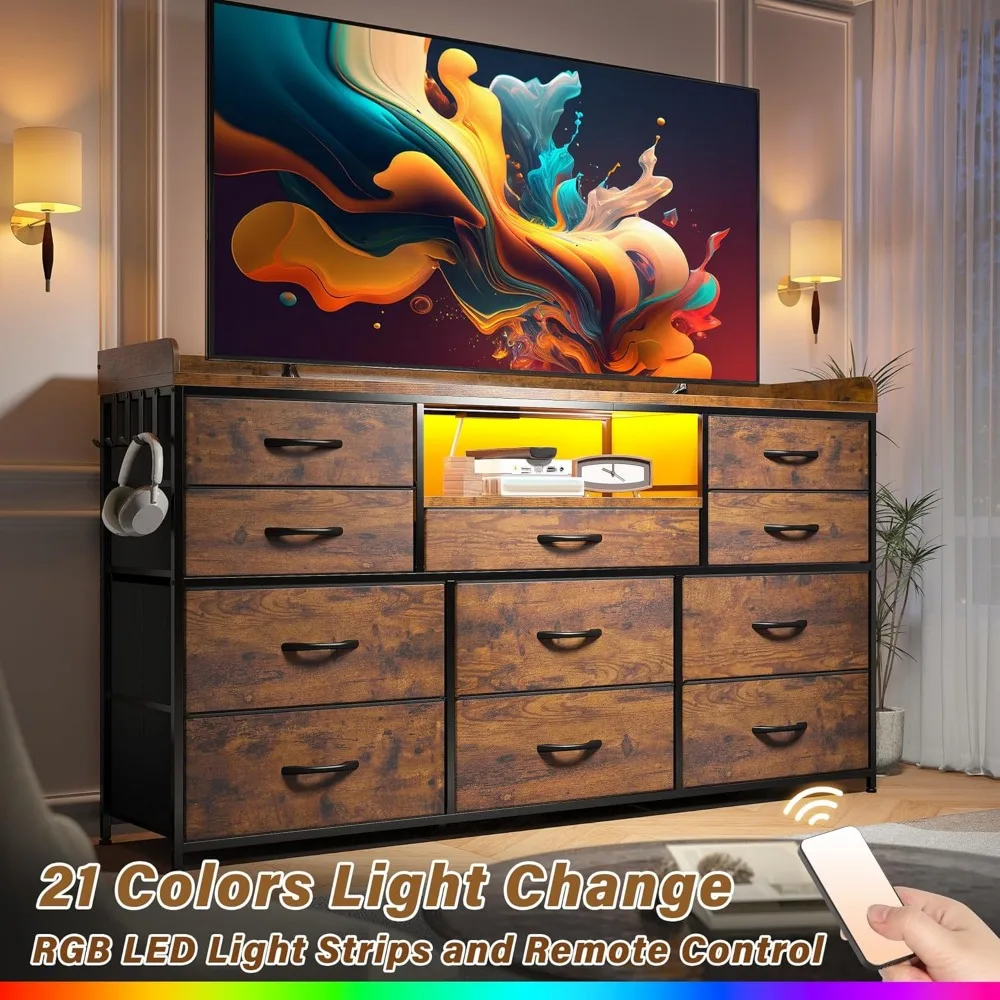 حامل تلفزيون بإضاءة LED 60 مع منافذ طاقة و11 درجًا لغرفة النوم، وخزانة طويلة مع رفوف للتخزين الحديث #5