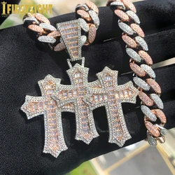 2024 New Iced Out Cross Necklace For Women Men Two Tone Silver Color Cubic Zirconia 3 Cross Pendant Luxury Hip Hop Jewelry