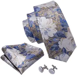 Designer Jacquard Floral Silk Mens Tie Pocket Sqaure Cufflinks Set Flower Necktie Male Wedding Business Party Events Barry.Wang