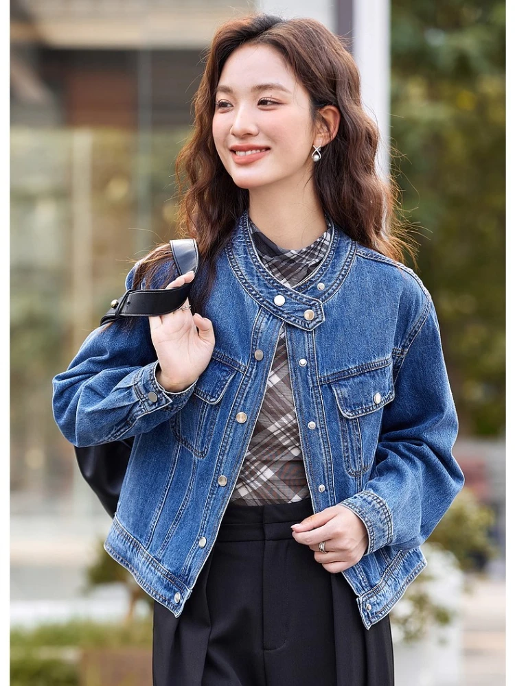 

VIMLY Women's Denim Jacket Stand Neck Vintage Autumn 2025 Long Sleeve Button Pocket New in Coats & Jackets Ladies Clothing 75085