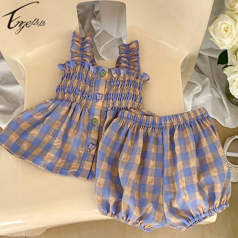 

Toddler Girls Plaid Suit Clothes Sleeveless Top+Bread Shorts 2pcs Suit Infant Baby Girls Casual Princess Summer Party Clothes