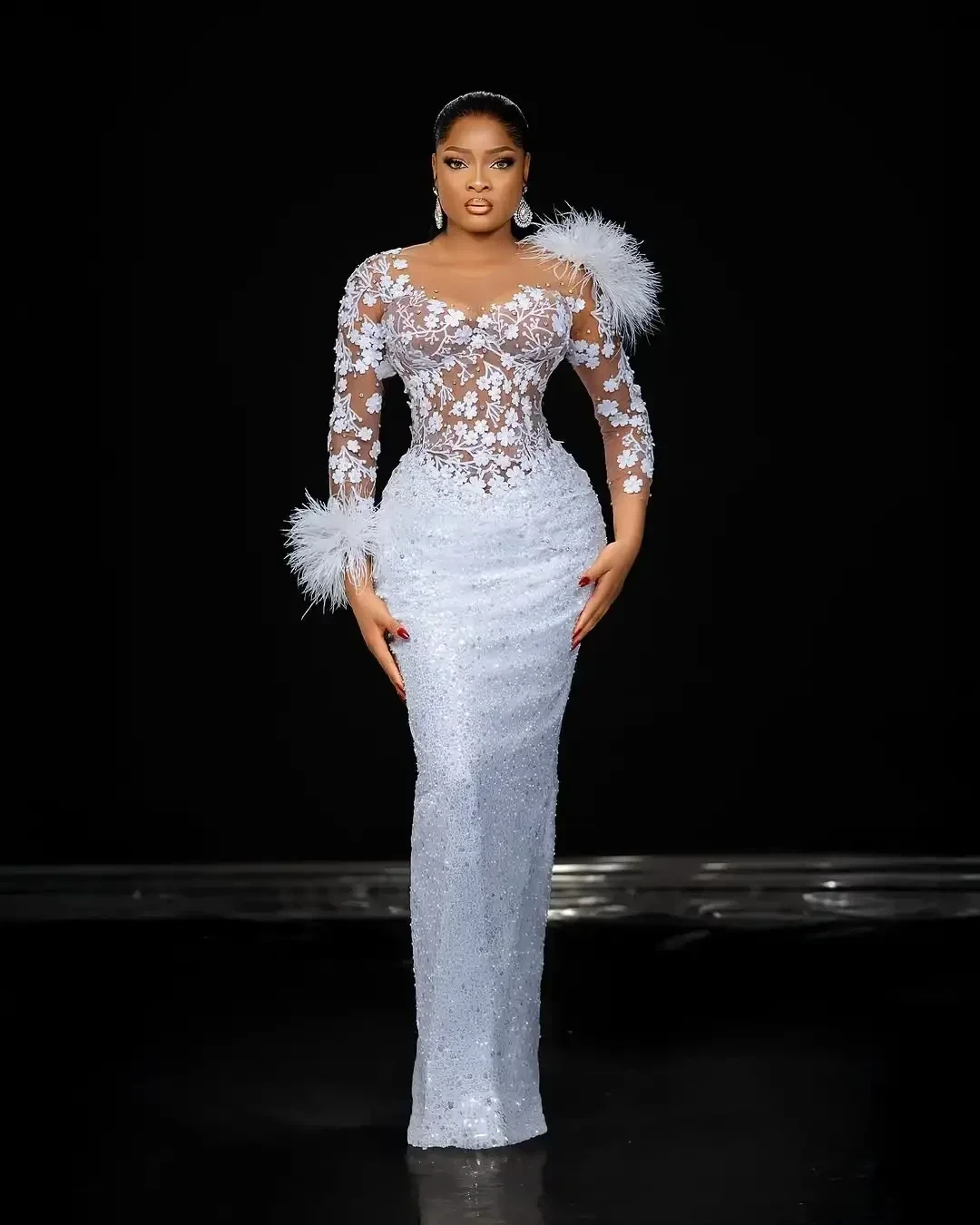 Mermaid White Luxury Feather Lace Beaded Prom Dress Sexy Transparent Neck African Women's Party Evening Dress Customized 2026