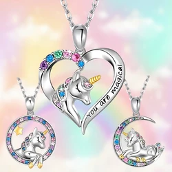 Exquisite Colorful Rhinestone Fantasy Unicorn Pendant Necklace for Women Fashion Girl Princess Birthday Jewelry Gift