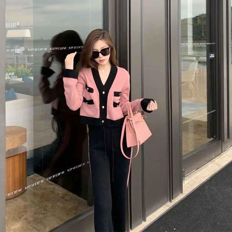 V Neck Knitted Cardigan Tops Loose Cropped Pink  Coat Sweatshirts Wide Leg 2 Piece Sets Women Tracksuit Pant  2024