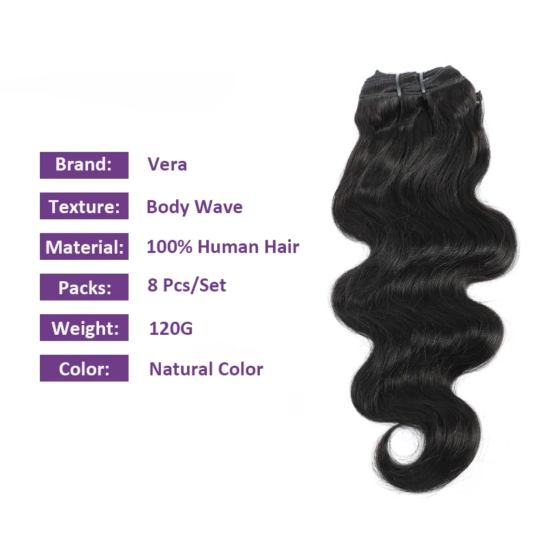 Extensiones de cabello humano con Clip de 8 piezas, extensiones de cabello con onda corporal, trama de piel Remy negra Natural para salón de belleza