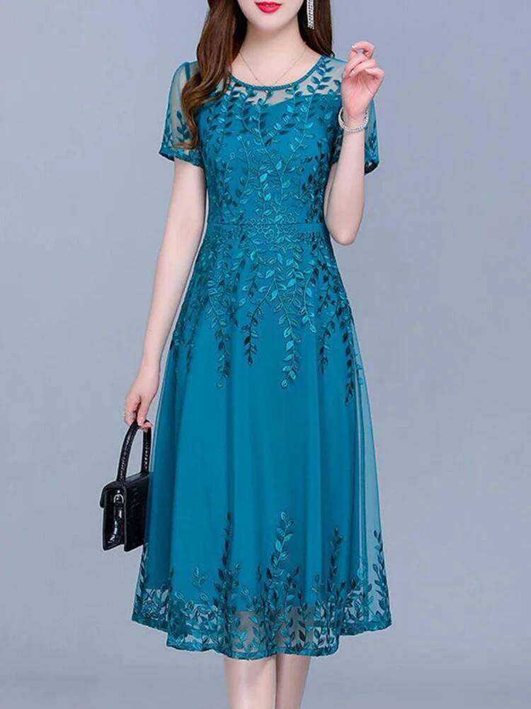 2024 Summer Blue Casual Mesh Midi Dreess Women Embroidery Fashion Elegant Prom Evening Dresses O-Neck Short Sleeve Tunics Solid