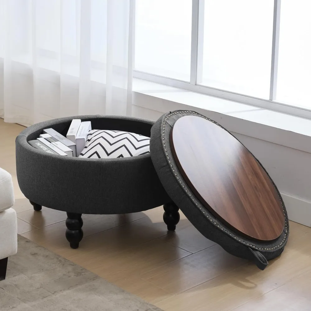 30 Inch Fabric Round Storage Ottoman, Modern Upholstered Tufted Coffee Table with Storage