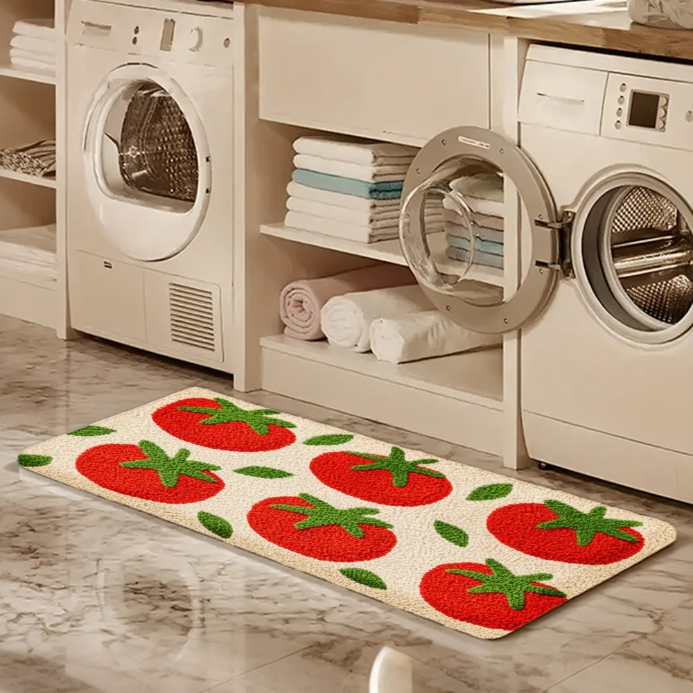 3PCS Mat Set,  Home Decoration for Front Door, Kitchen,  Tomato Pattern With Green Leaves On Cream Background Kitchen Rug.