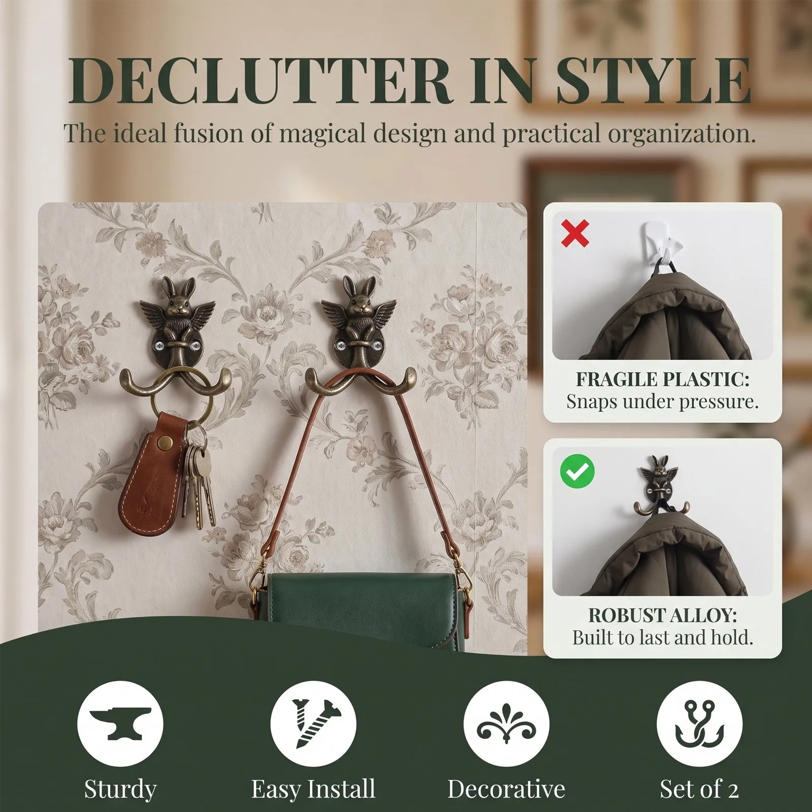 2Pcs Rabbit Shape Wall Mounted Hooks Zinc Alloy Animal Decorative Coat Towel Key Hooks Rustic Metal Home Wall Storage Organizer