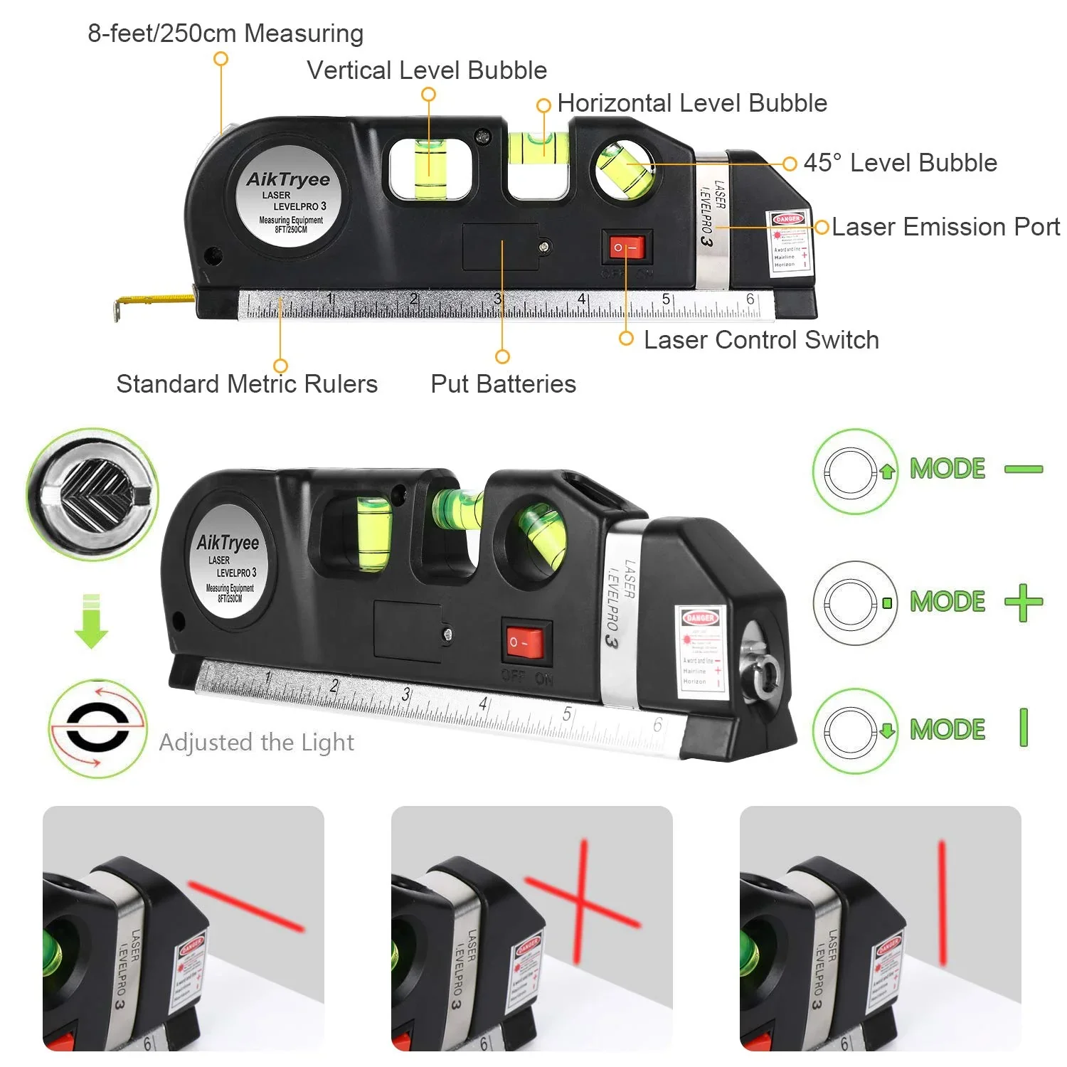 Laser Level Line Tool Ruler Tape Multifunction 4 in1 Vertical Horizontal Infrared Cross Line Laser Level Tape Measuring Tool