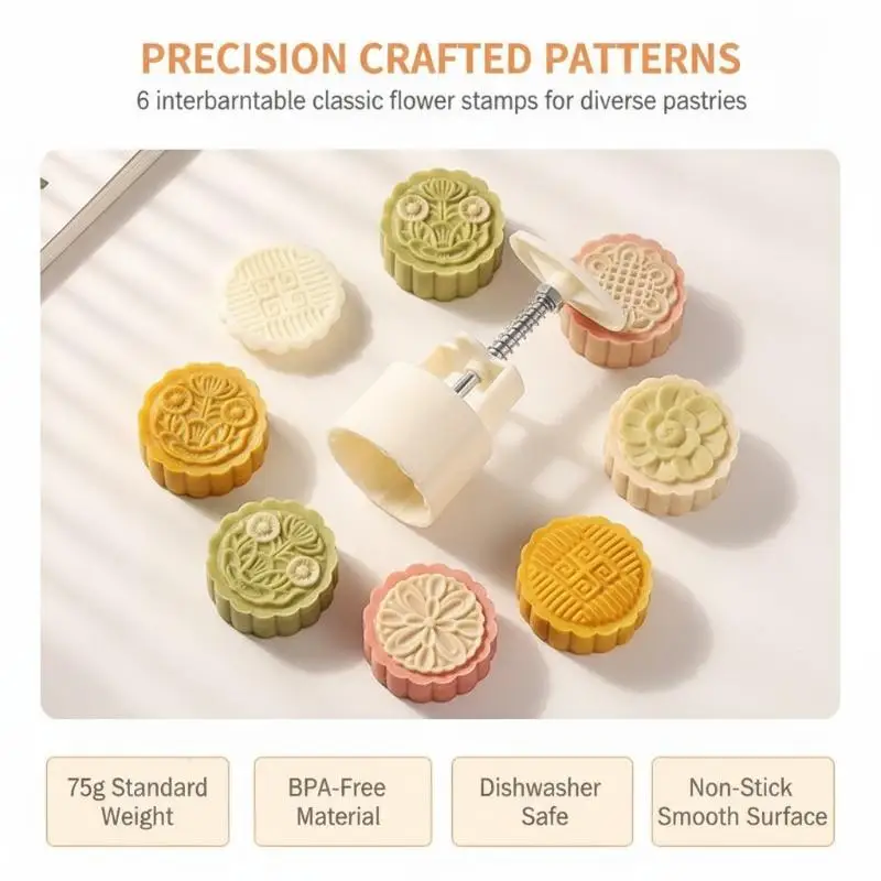 Plastic Hand Pressure Mooncake Mold Cherry Blossom Pattern Cookie Stamp for DIY Baking Mid-Autumn Festival Gift Making