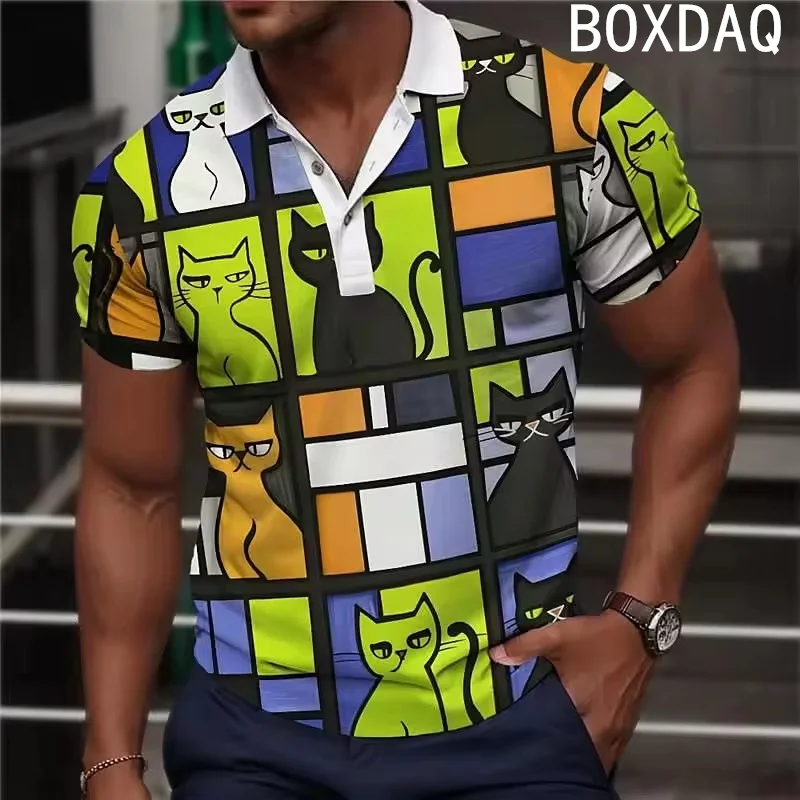 Geometric Color Block Fun Cat Pattern Printed Polo Shirt Plus Size Men's Summer Short Sleeve Lapel Casual Sport Polo Shirt