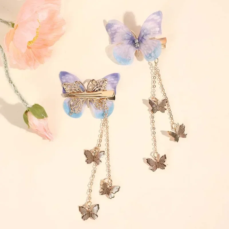 Ncmama 2 unids/set nuevas horquillas de mariposa para mujeres niñas hilo coreano elegante borla de Metal pinzas largas para el cabello accesorios