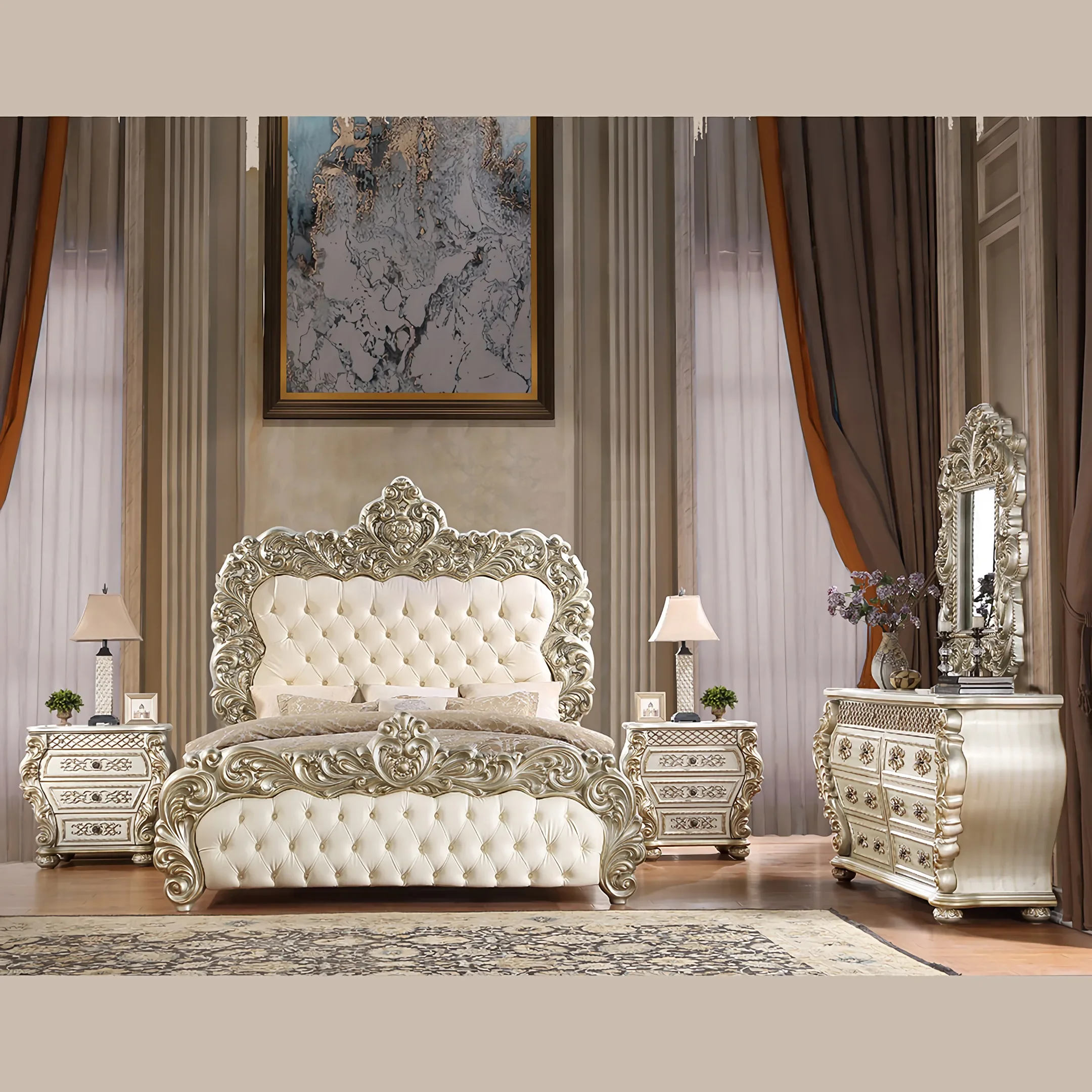 

2026 victorian bedroom furniture European solid wood double bed French 1.8 meters princess bed champagne color