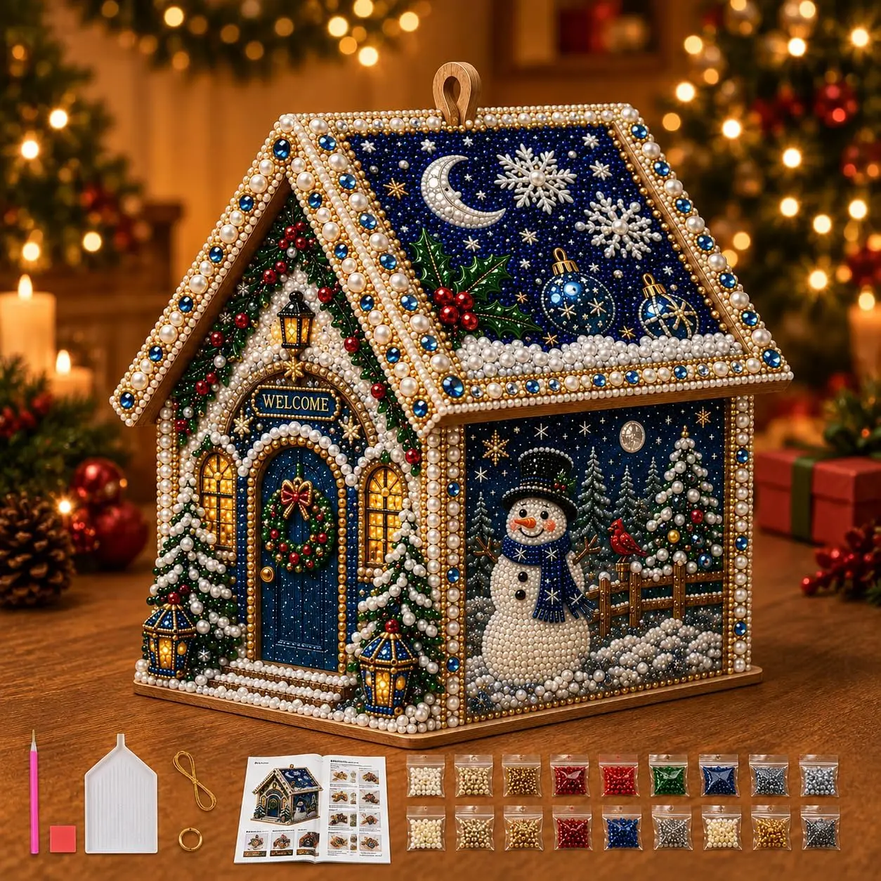 DIY 3D Assemblable Wooden Christmas Cottage Diamond Painting Kit Hanging Ornament Full Drill Tools For Xmas Tree Window Indoor - view 3