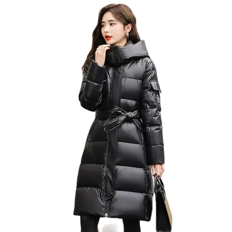 

Winter Mid-Long Down Jacket Women 2023 New Fashion Thicken Coat Hooded Zipper Stand-Up Collar Pocket Waistband Outerwear Female