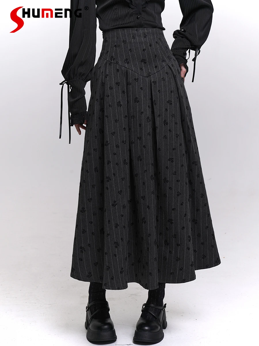 

French Elegant Gothic Punk Style Gray Striped Skirts High Waist Lace-up A-line Temperament Versatile Long Skirt Women Autumn