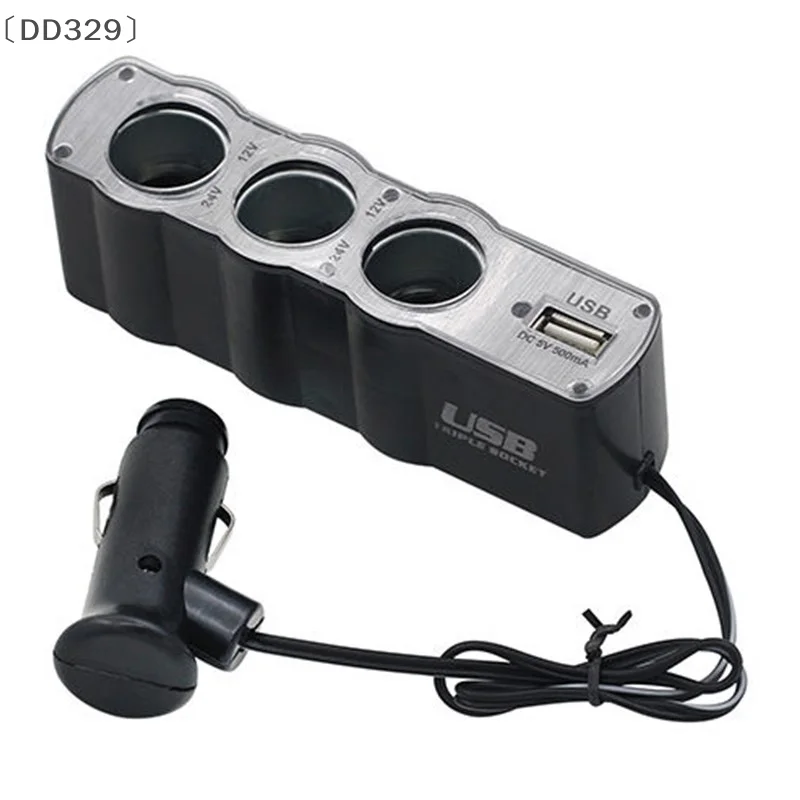 〔DD329〕Car Cigarette Lighter Multi Socket 3 Way + USB Port Charger Adapter DC 12V Witty Vehicle Power Distributor