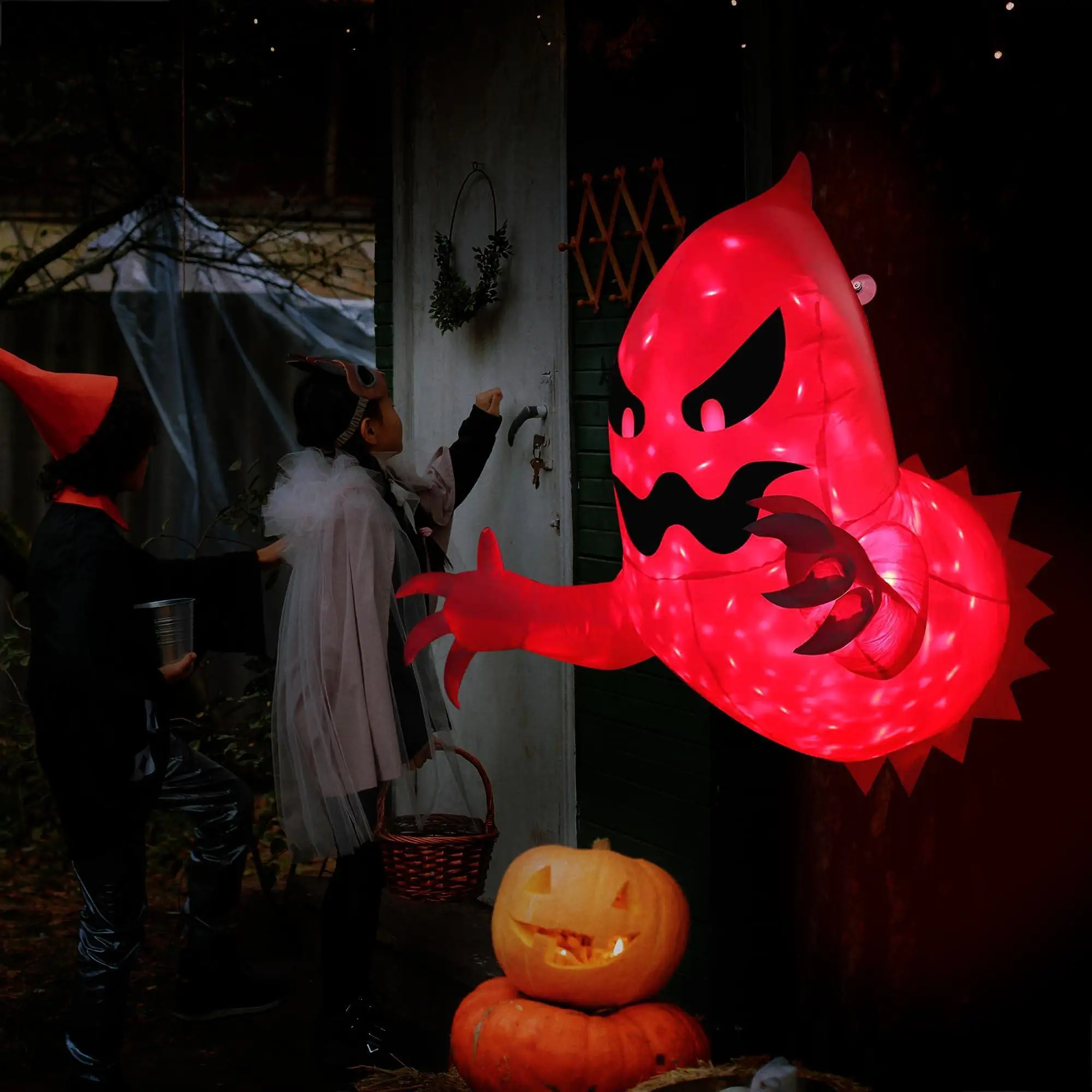 39inch Halloween Inflatable Ghost Broke Out from Window, Spooky Hanging Window Ghost with Built-in LED Lights