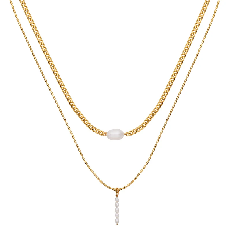 Simple Double Layers Chain Necklace Fashion Natural Pearl Jewelry  Waterproof Gold Color Necklaces Collier Femme