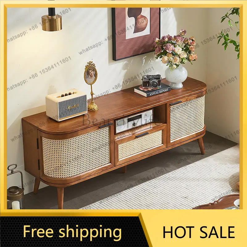 LD rattan solid wood retro silent wind TV cabinet small apartment storage storage cabinet