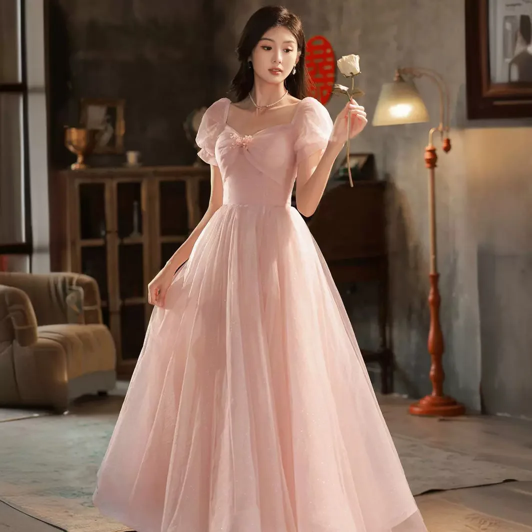 Pink Puff Sleeves Prom Dress French Square Collar Simple Quinceanera Dresses Elegant Tulle Long A-Line Graduation Party Vestido