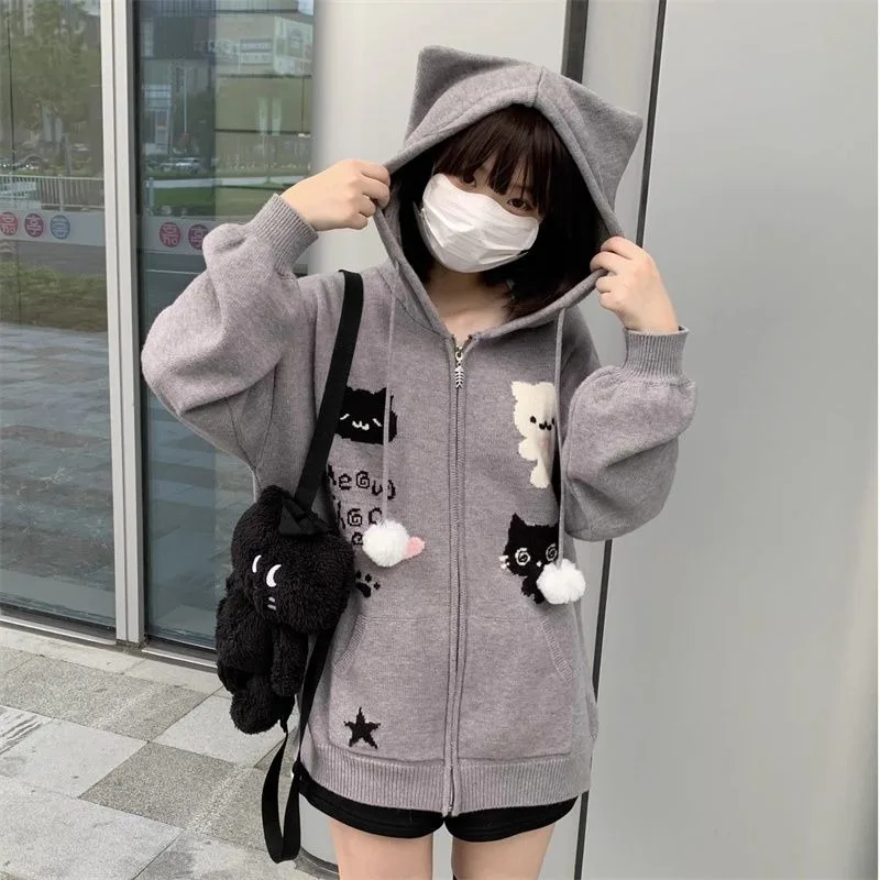 Japanese Kawaii Cat Cartoon Print Knitwear Autumn New Subculture Gray Long-sleeved Hoodie Preppy Style Womens Sweet Cute Outwear