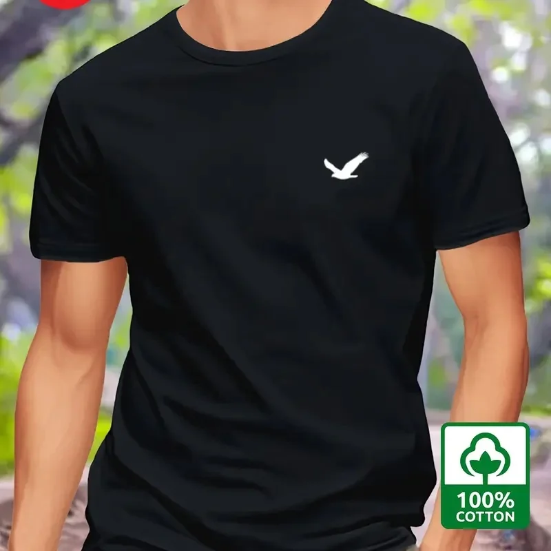 Mens Short Sleeve T Shirt Top Summer 100 Cotton Eagle Graphic Printed Fashion Sports and Leisure Loose Round Neck