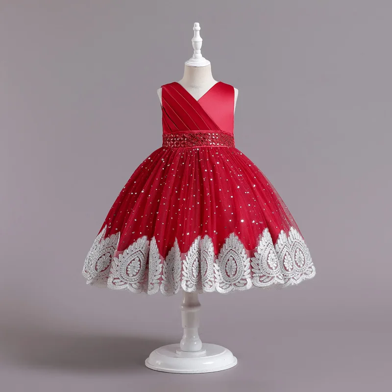 

Kid Sleeveless V - Neck Satin Spliced Dress Sequined Tulle Girl Skirt Lace Trim Beaded Waistband Children Elegant Party Dress
