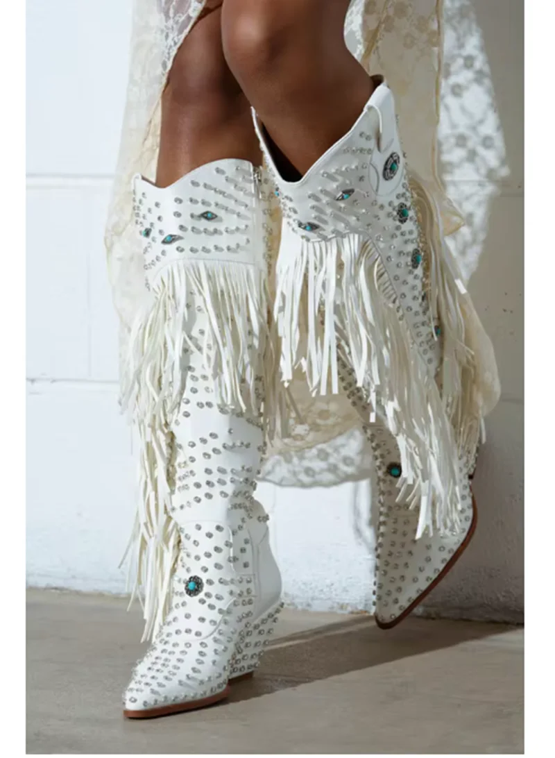 

White Leather Stiletto-Heeled Knee-High Boots Rhinestone Embellishments and Chunky Heels Women's Cowboy Boots