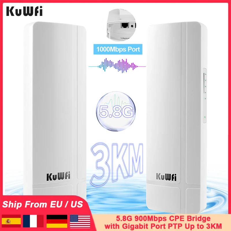 KuWFi 900Mbps 5.8G WiFi Outdoor CPE Bridge wtih Gigabit Ethernet Port Wi-Fi Signal Extender Built-in 14dBi Antenna PTP Up to 3KM