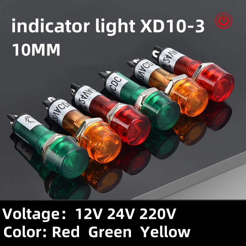 XD10-3 LED Hole10mm Metal Plastic Indicator Light Waterproof Signal Warning Light 12V 24V 220V Wireless Power Supply Red, Green,