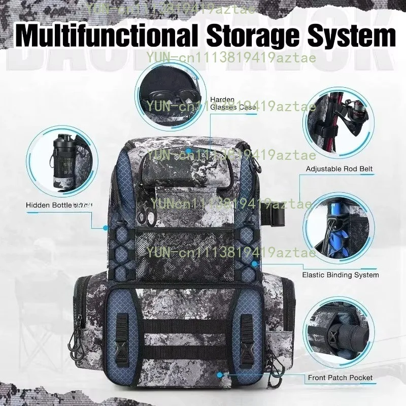 Fishing Gear Backpack with Rod Bracket, Detachable Waterproof Rain Cover