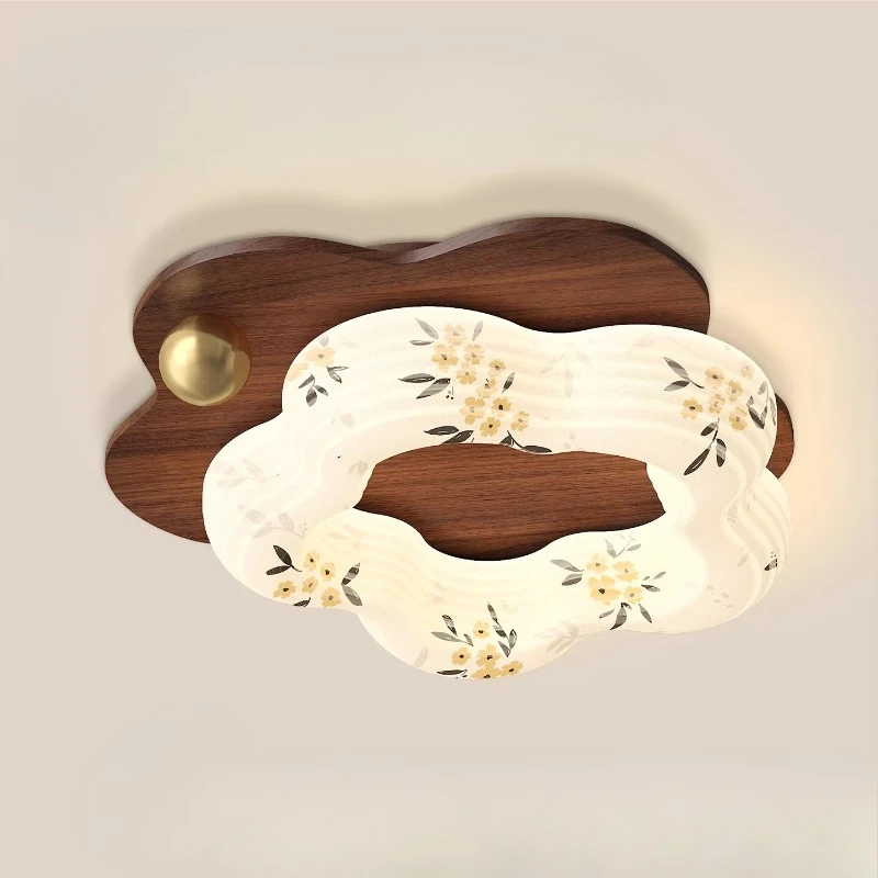 French Vintage Flower Shape Printing Fabric Ceiling Lights Living Room Bedroom Restaurant Wood Grain Wrought Iron Hanging Lamps