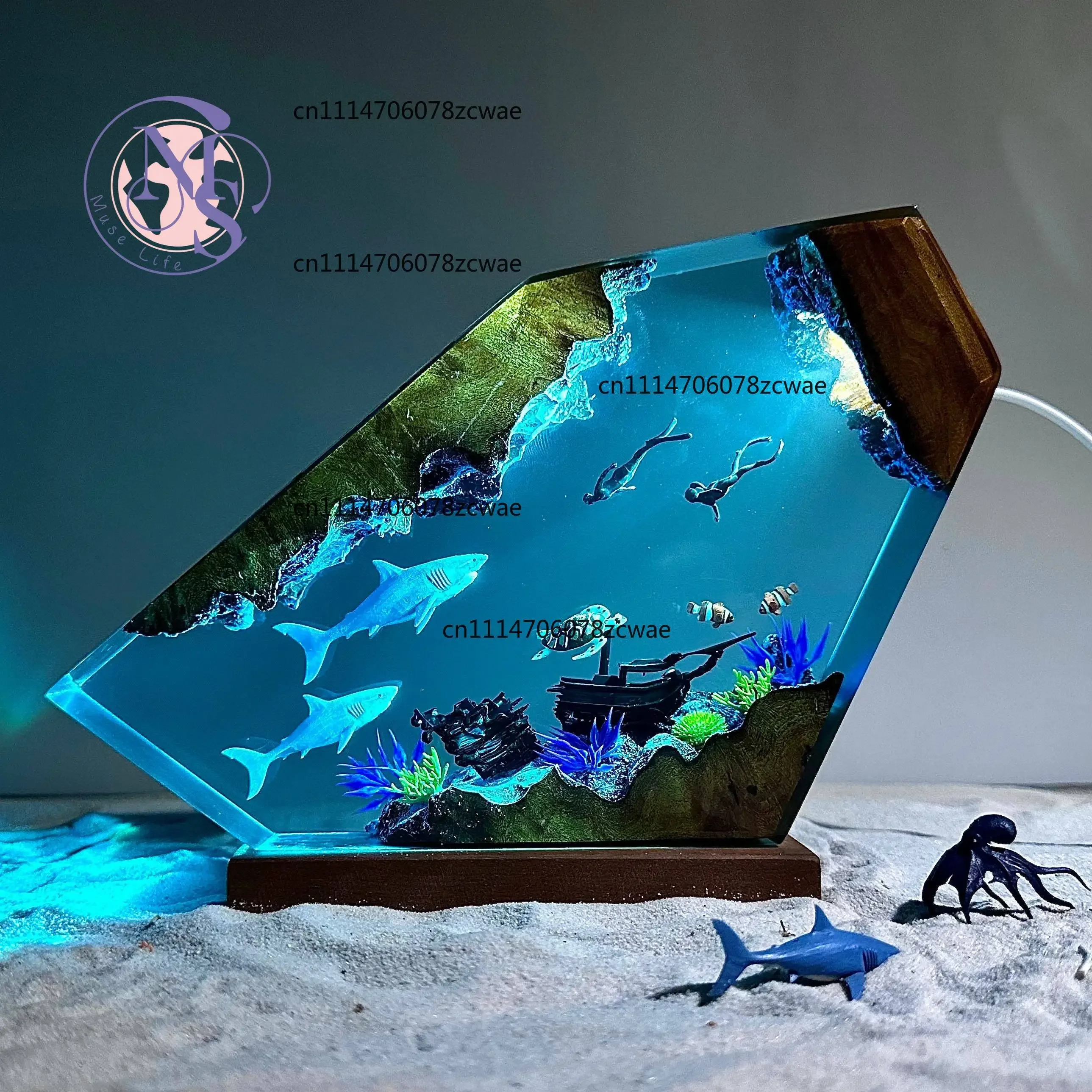 ZOCI-FOR Desktop Atmosphere Bedside Lamp Epoxy Resin Wood Ornament, Shark Diver Design Night Light Holiday Present