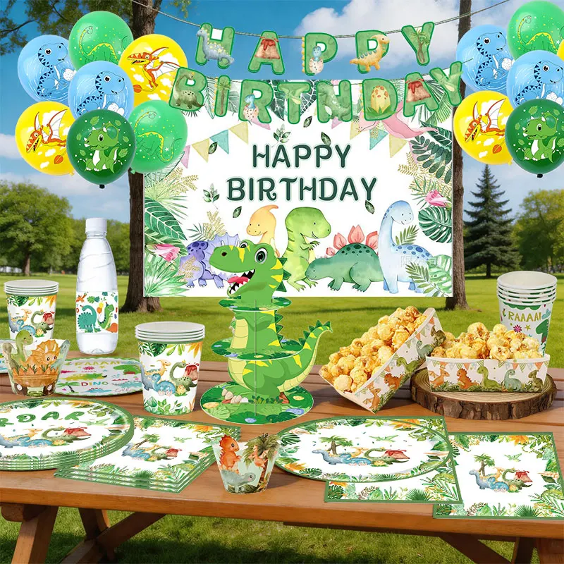 Cartoon-Dinosaurier-Dekoration Geburtstags-Tischgeschirr Pappteller Becher Servietten Tischdecke Ballons Dinosaurier-Themenparty-Zubehör