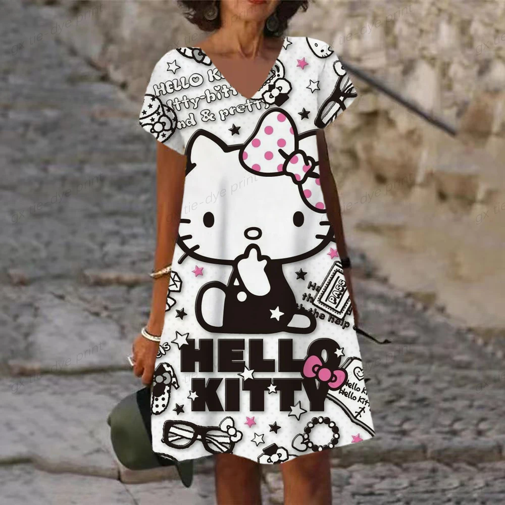 Short Sleeve Summer Women Clothing Hello Kitty print Women Dress New 2024 Large Size Loose Casual A-line Dress