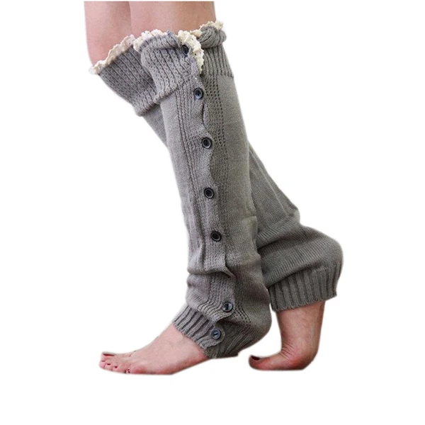 Paar hellgraue Strick-Beinstulpen mit Spitzenbesatz, weiche, gemütliche Schichten für Strumpfhosen, Röcke, Jeans, 52 x 12 cm, kniehohe Socken, Knopfstiefel