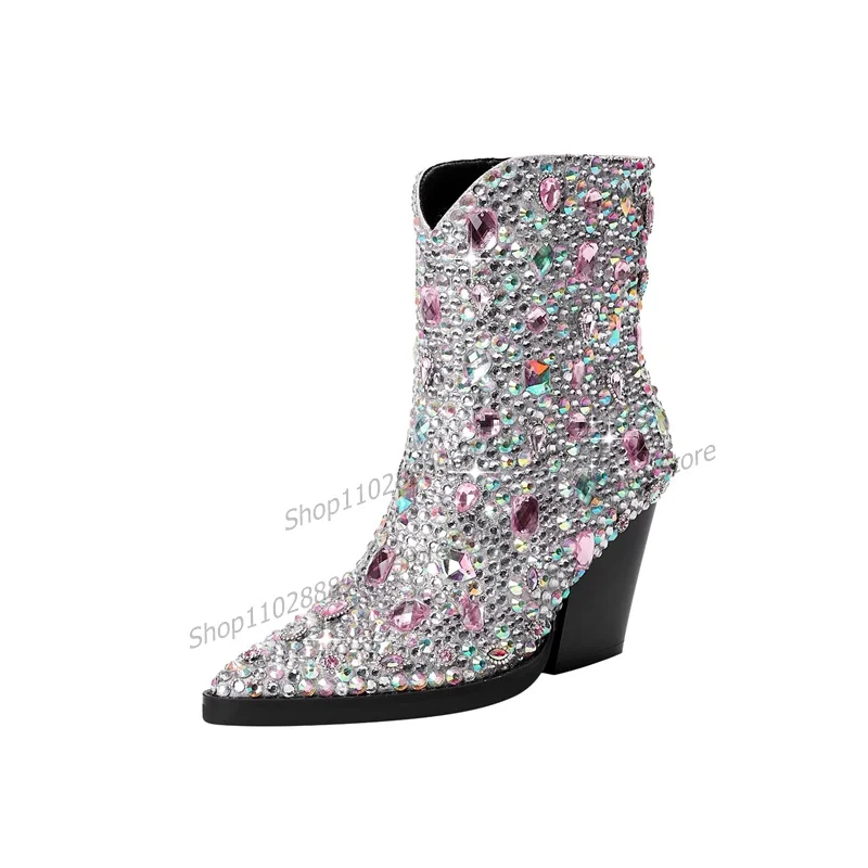 Mid Calf Western Mixed Color Crystal Decor Boots Chunky High Heel Women Shoes Slip-On Pointed Toe 2023 Sexy Zapatos Para Mujere